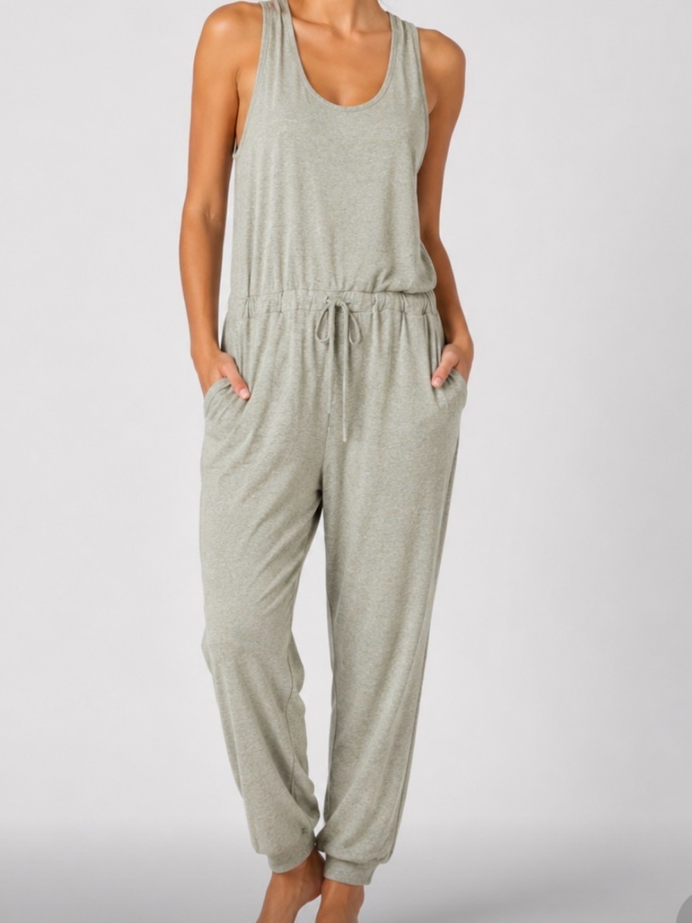 7 For All Mankind Sleeveless Drawstring Jumpsuit in Light Sage